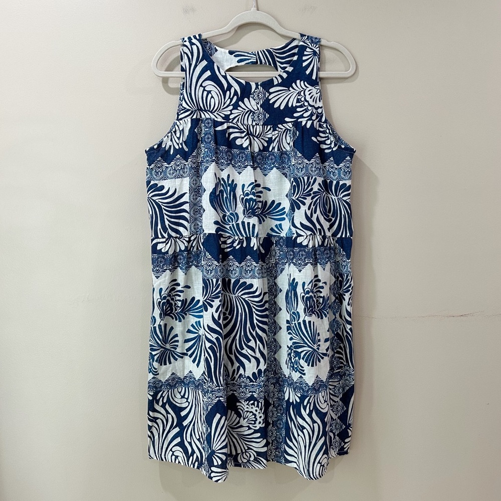 New Bellambia Made In Italy Print Blue Linen Blend  Shift Tunic Dress Wimens XL